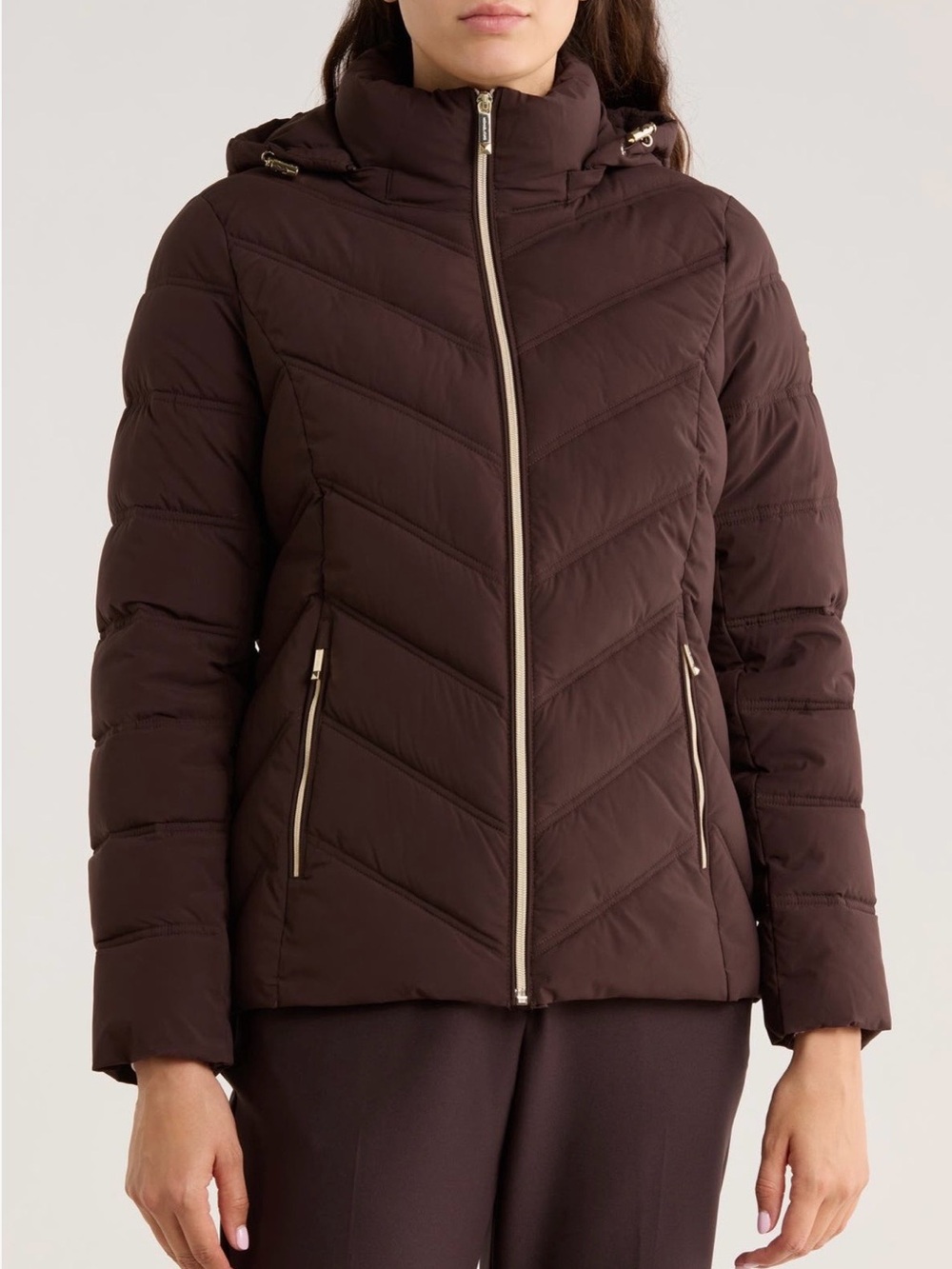 Michael Kors Chocolate Brown Quilted Hooded Puffer Jacket